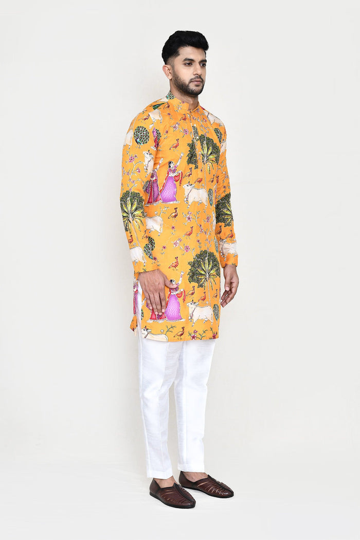 Yellow Rayon Set With Digital Print And Sequins Work