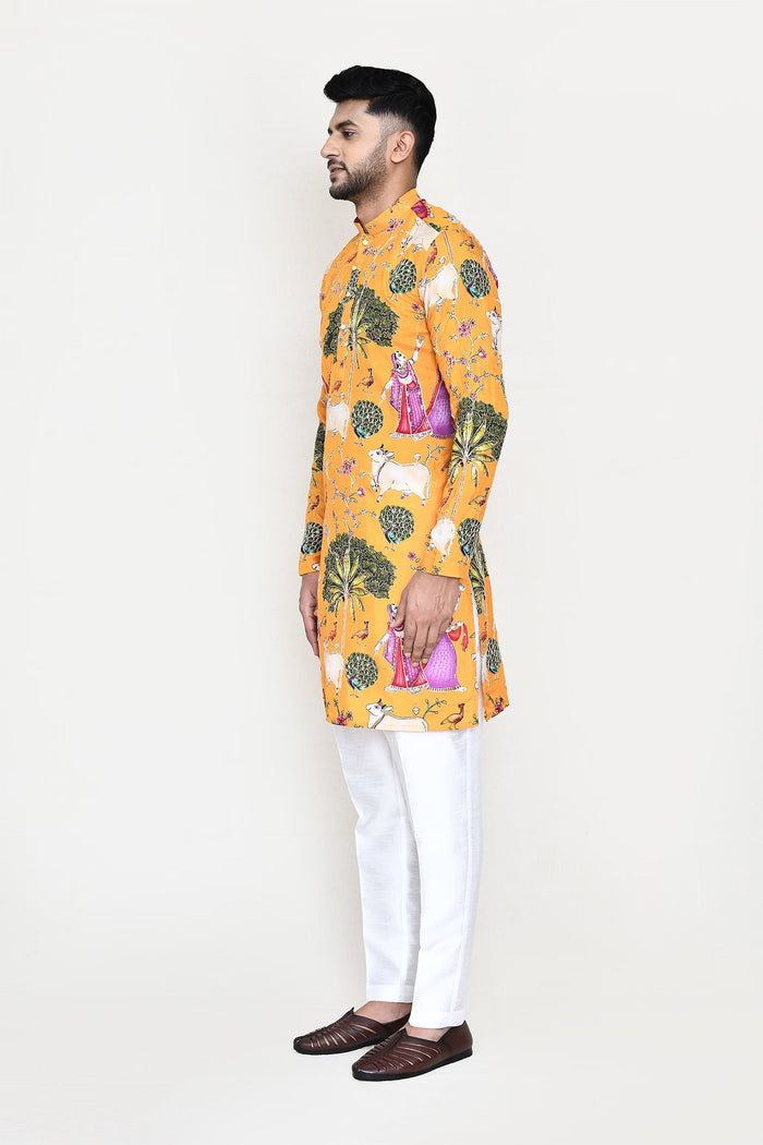 Yellow Rayon Set With Digital Print And Sequins Work