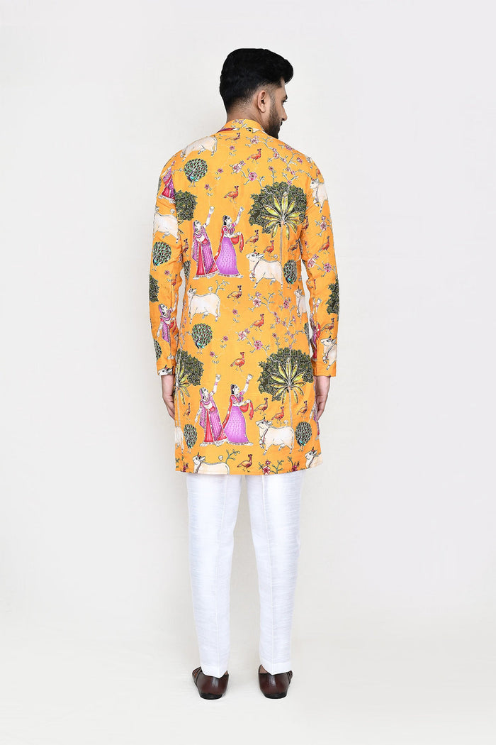 Yellow Rayon Set With Digital Print And Sequins Work