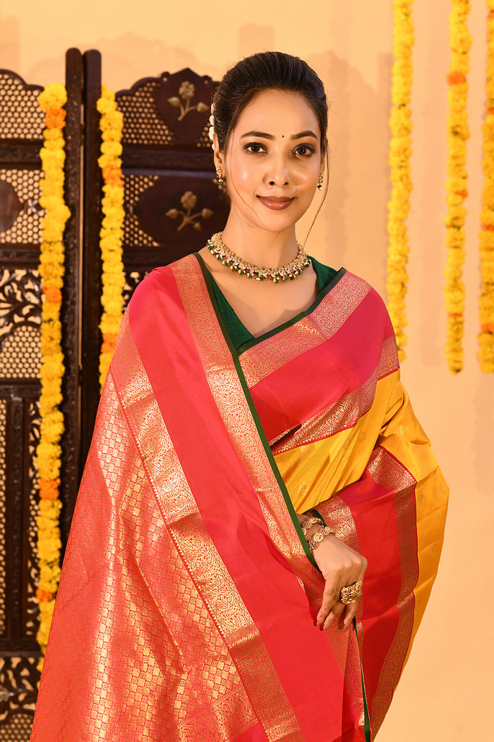 Yellow & Red Traditional Kanjivaram Silk Saree