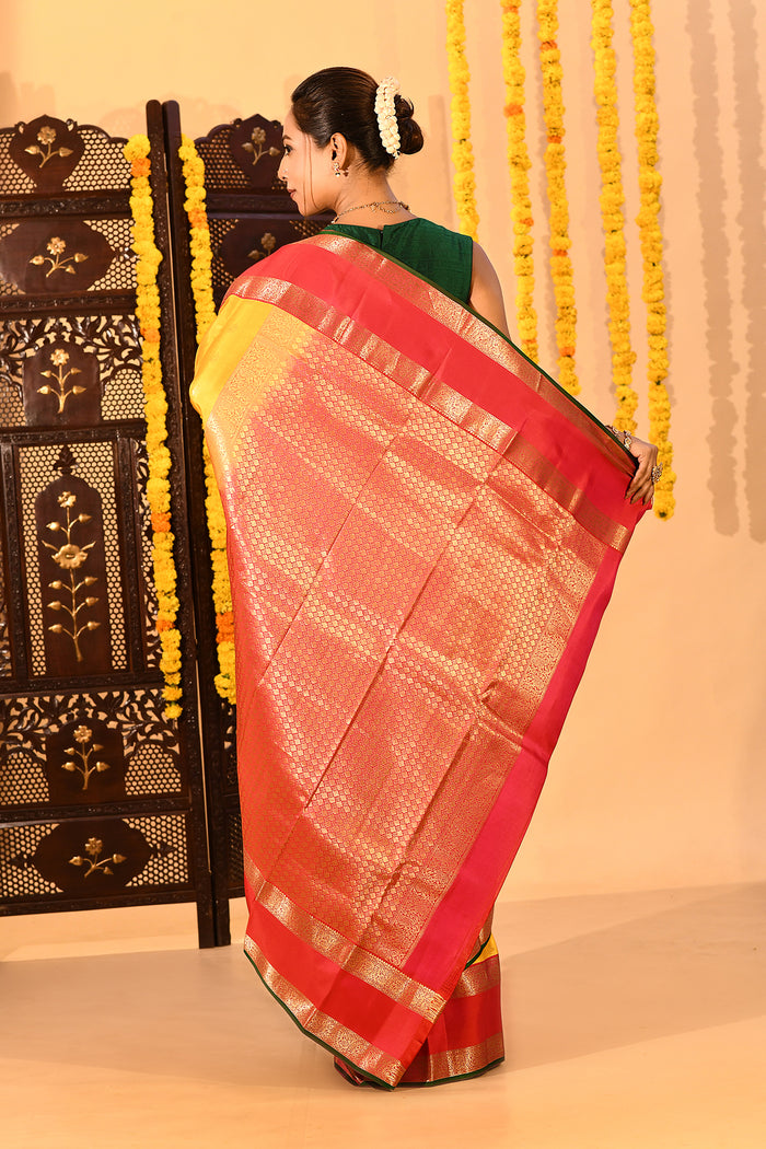 Yellow & Red Traditional Kanjivaram Silk Saree