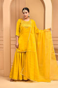 Yellow Satin Yoke Design Kurta With Sharara And Dupatta