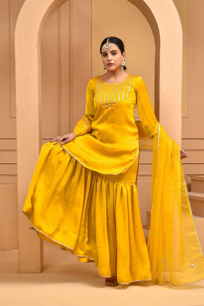 Yellow Satin Yoke Design Kurta With Sharara And Dupatta