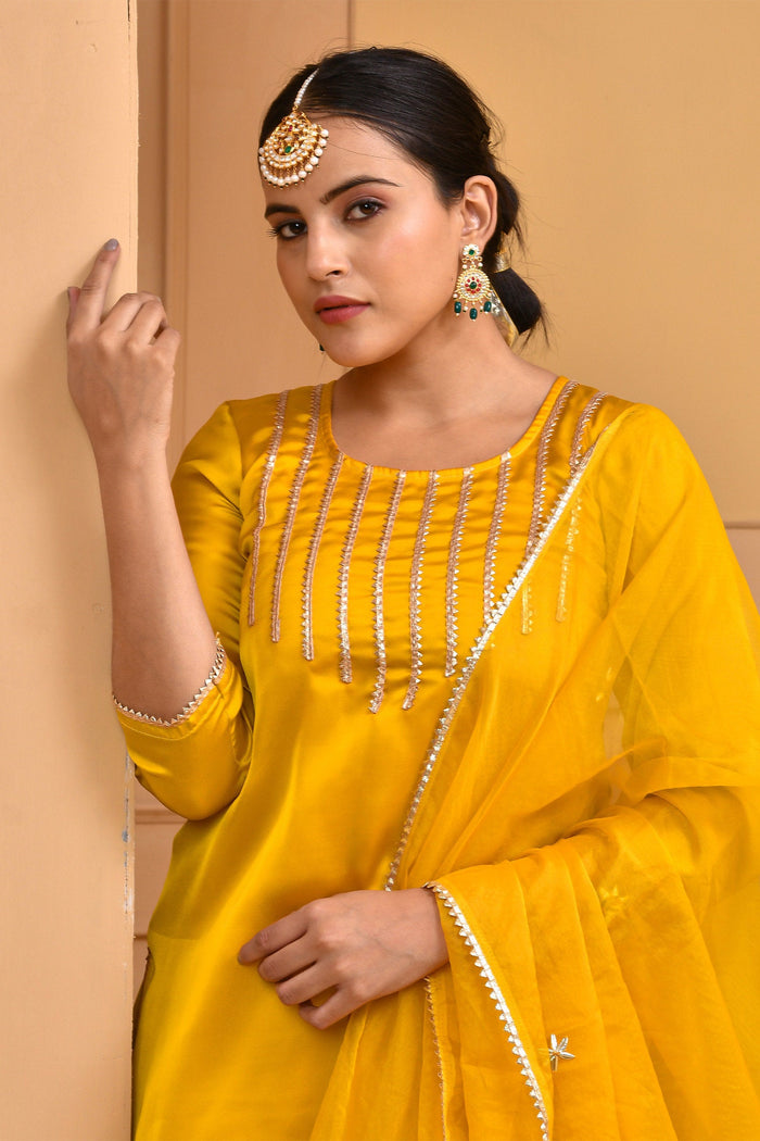 Yellow Satin Yoke Design Kurta With Sharara And Dupatta