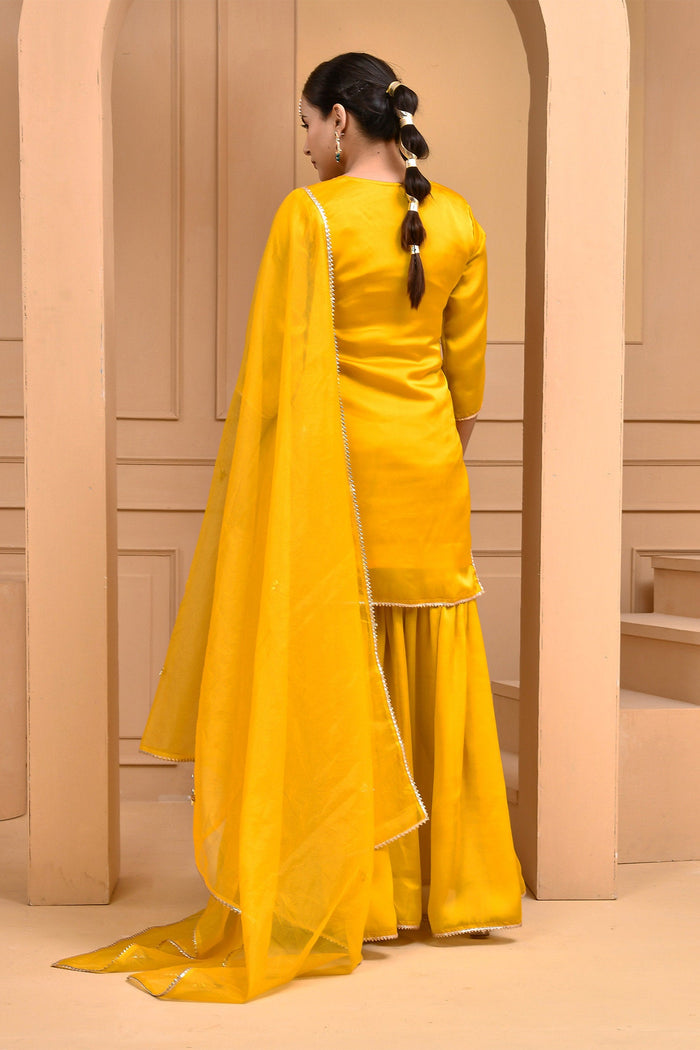 Yellow Satin Yoke Design Kurta With Sharara And Dupatta