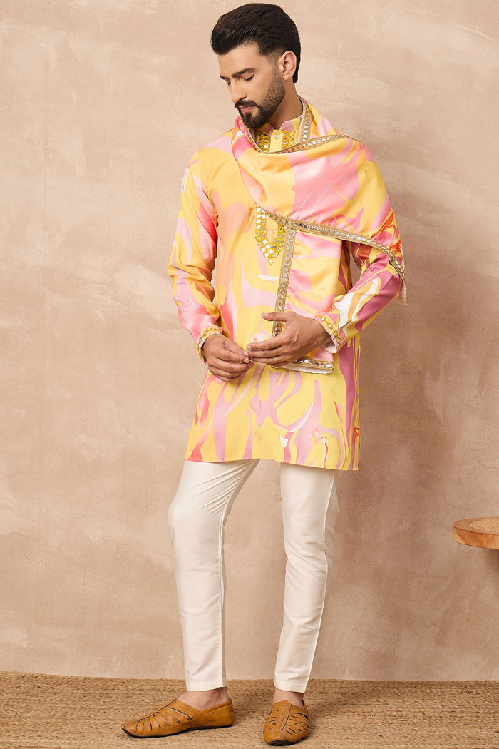 Yellow Silk Blend Mirror Work Kurta Set