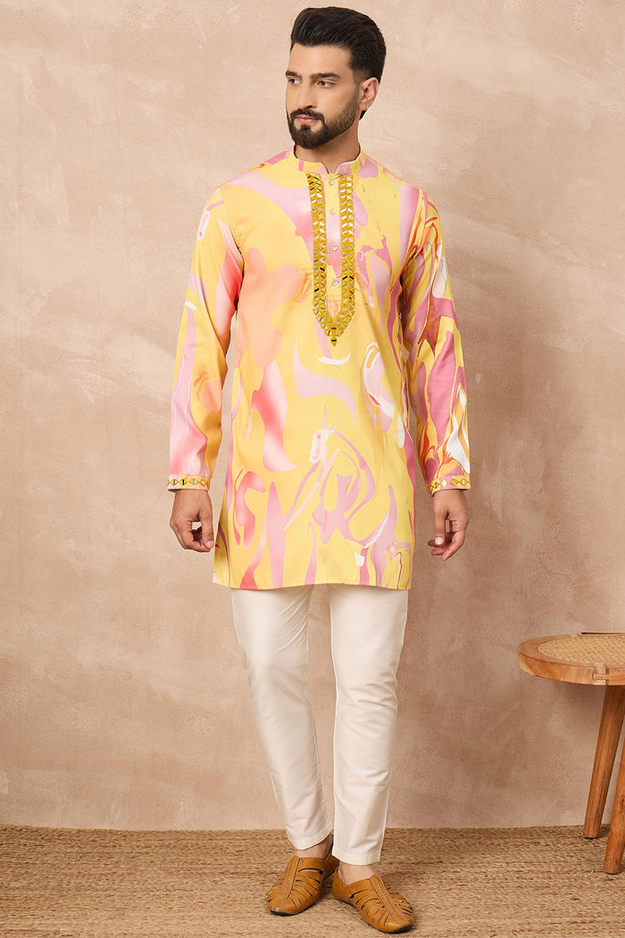 Yellow Silk Blend Mirror Work Kurta Set