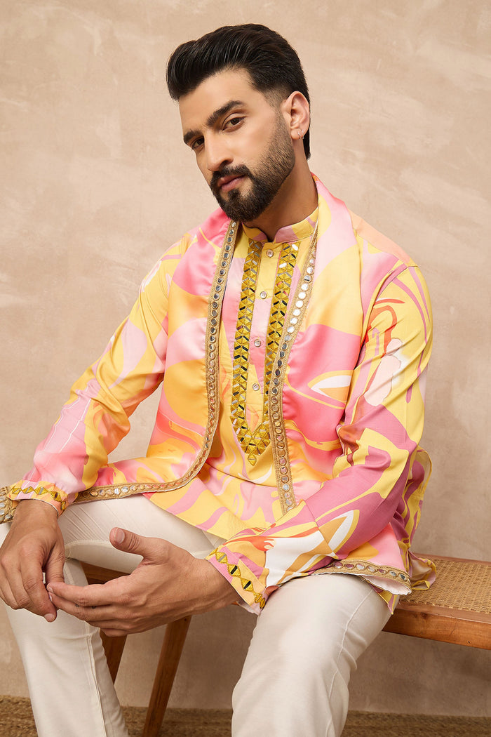 Yellow Silk Blend Mirror Work Kurta Set