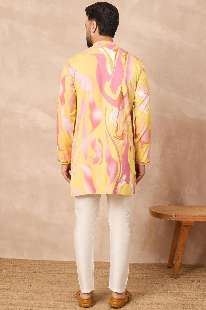 Yellow Silk Blend Mirror Work Kurta Set