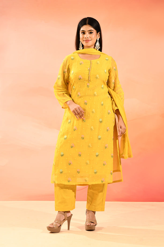 Yellow With Colourful Floral Butti Staright Cut Suit