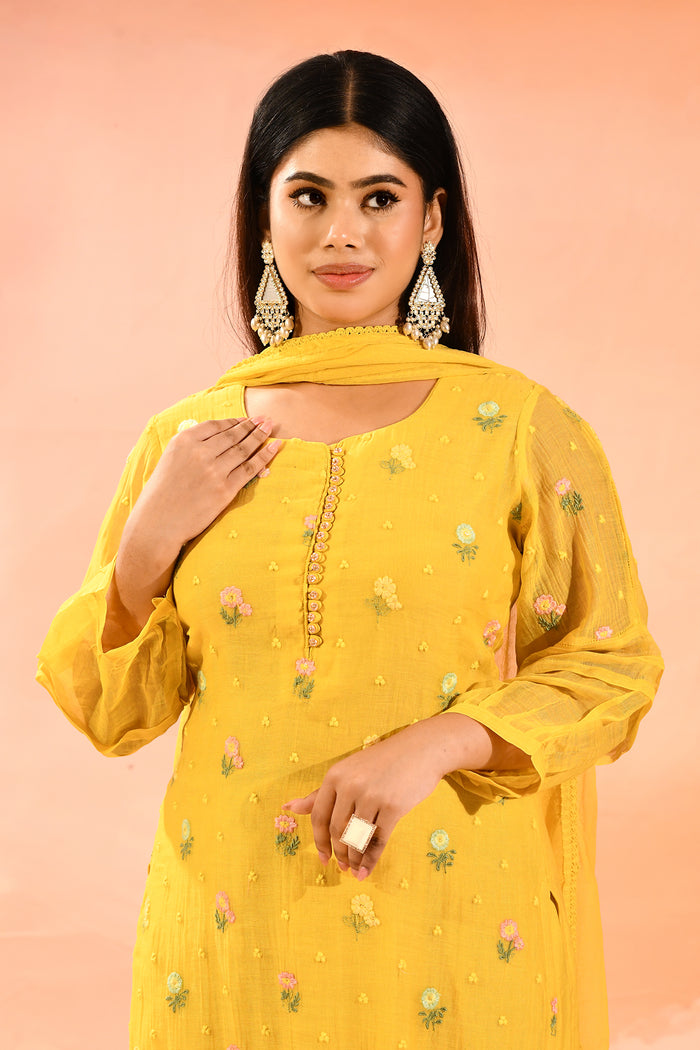 Yellow With Colourful Floral Butti Staright Cut Suit