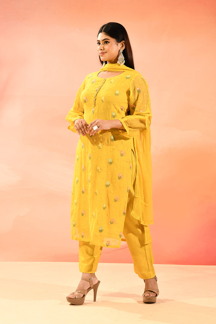 Yellow With Colourful Floral Butti Staright Cut Suit