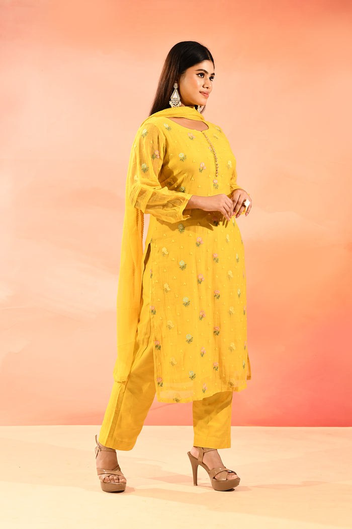 Yellow With Colourful Floral Butti Staright Cut Suit
