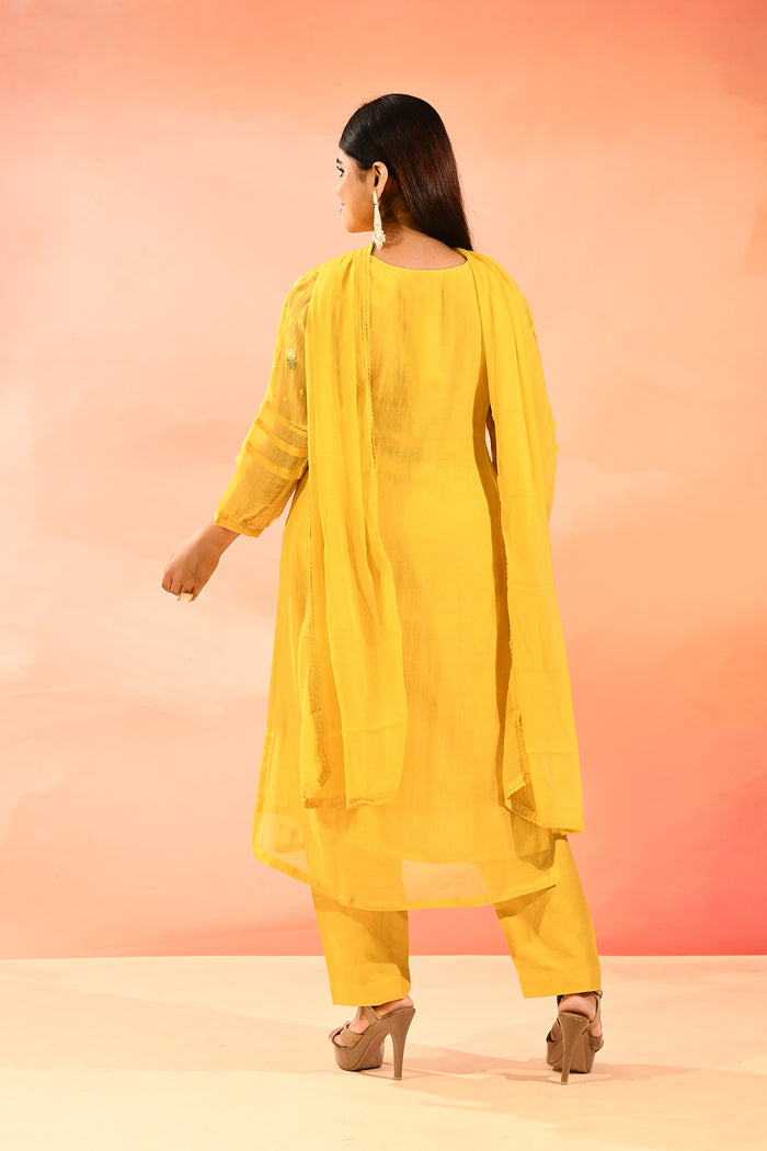 Yellow With Colourful Floral Butti Staright Cut Suit