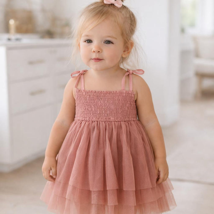 Yo Baby - Smocked Tulle Dress - Coral Pink-Dresses-9-12M-Posh Baby