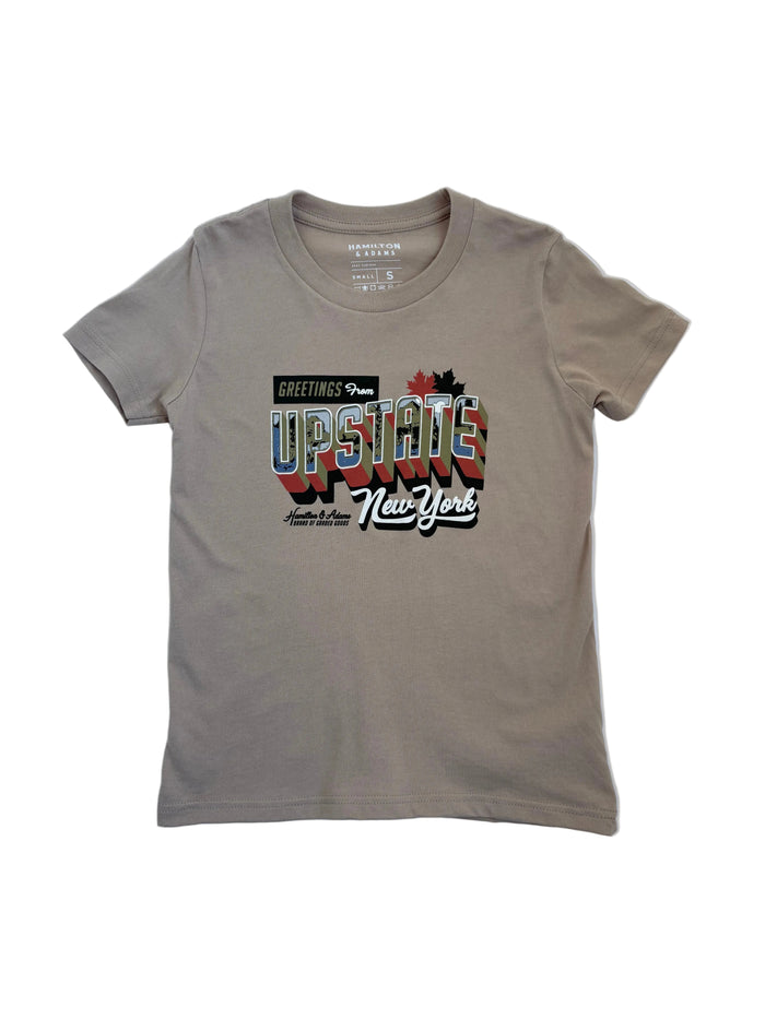 Beige t-shirt with colorful graphic design on a white background