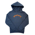 Blue hoodie with 'UPSTATE' text on a gray background
