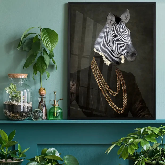 Zebra Portrait Print, quirky altered art print black framed on a living room shelf