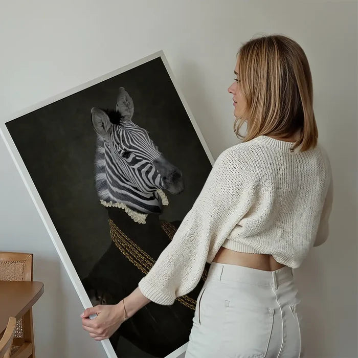 Zebra Portrait Print held up against a living room wall
